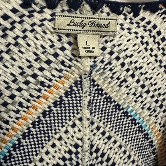 Woven Blanket Open Front Pottery Cardigan boho large cream blue cotton relaxed - Picture 5 of 10